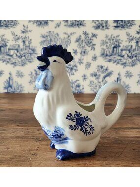 Vintage Delft Blue Ceramic Rooster Creamer From Holland - Windmill & Floral Desi